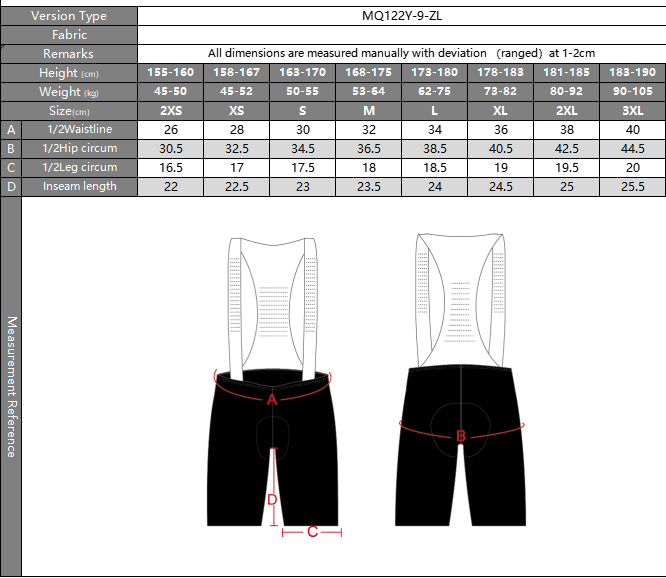 Measurement chart for cycling shorts with size chart and reference images.