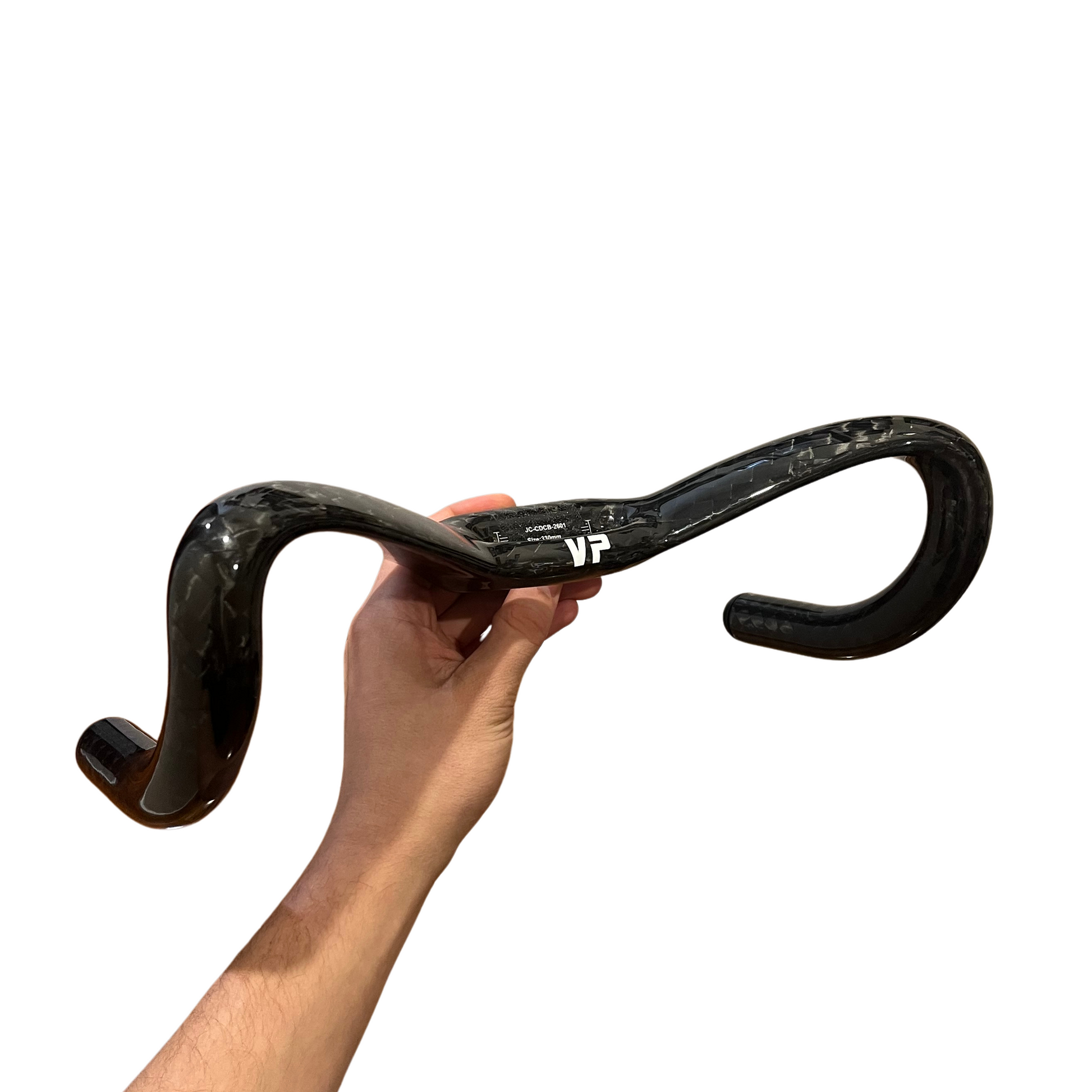Hand holding a black bicycle handlebar with 'VP' branding on a white background