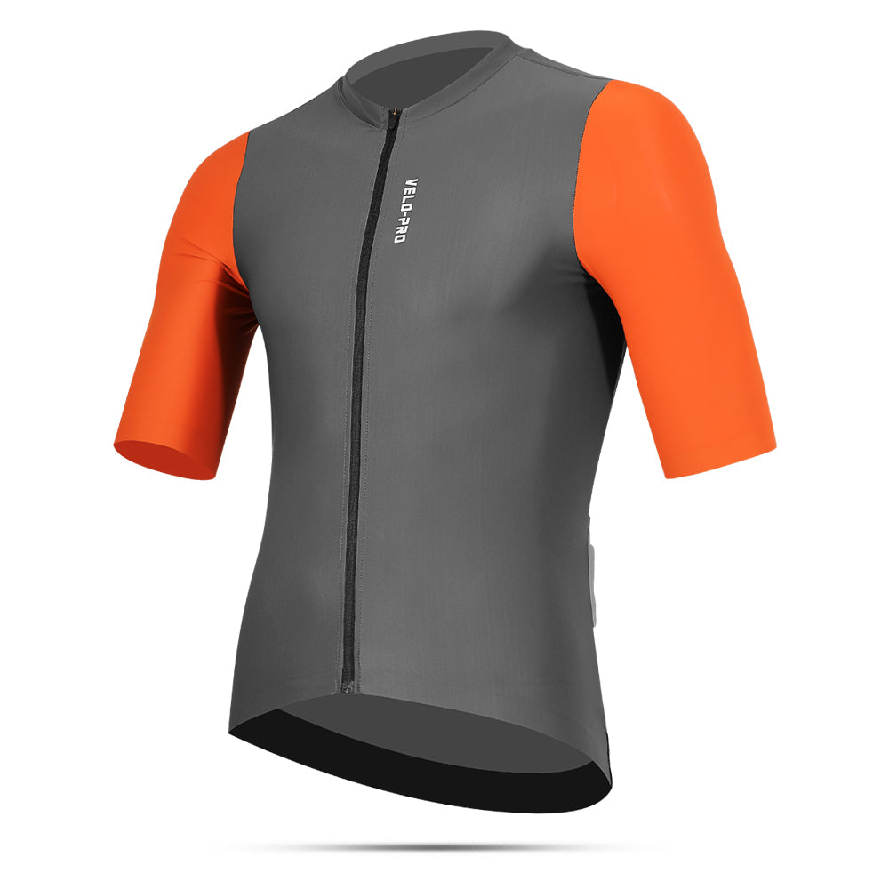 Gray and orange cycling jersey on a white background