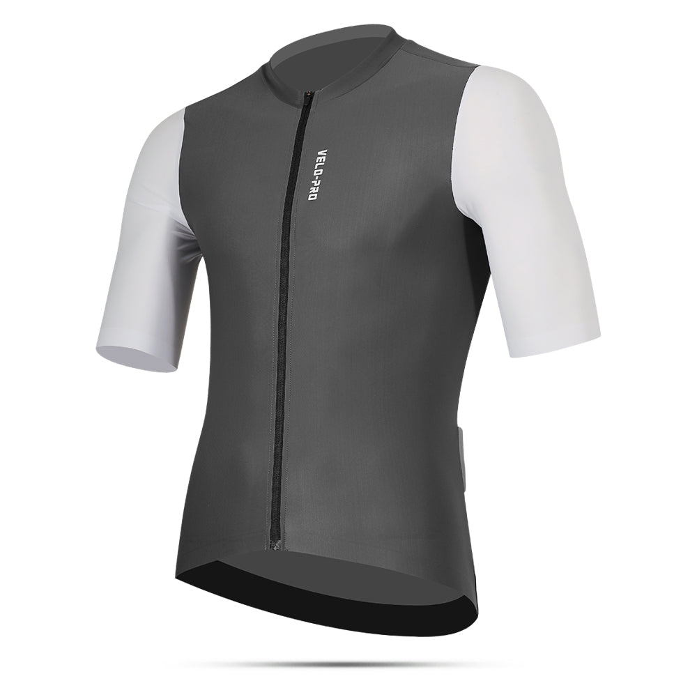 Gray cycling jersey with white sleeves on a white background