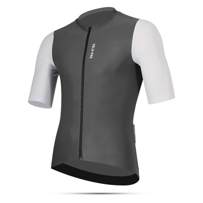 Gray cycling jersey with white sleeves on a white background