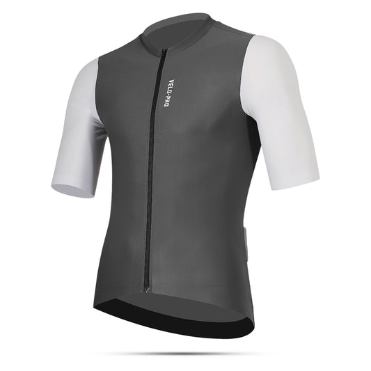Gray cycling jersey with white sleeves on a white background
